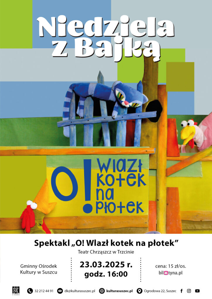 Plakat informujący o wydarzeniu. Na plakacie grafika z kolorowymi maskotkami. Niebieski kot na płocie i ptaki